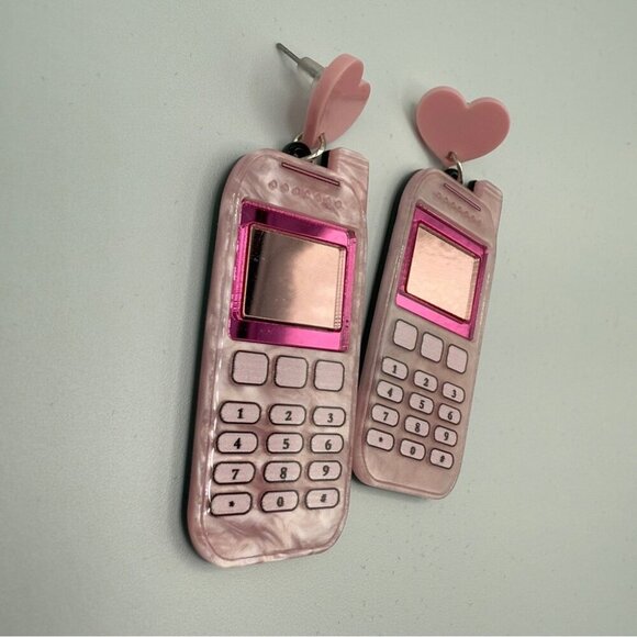 Pink Heart Cell Phone Acrylic Pierced Earrings - Picture 2 of 9
